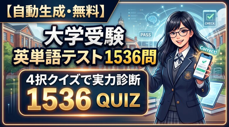 【自動生成・無料】大学受験　英単語テスト1536問 ４択クイズで実力診断