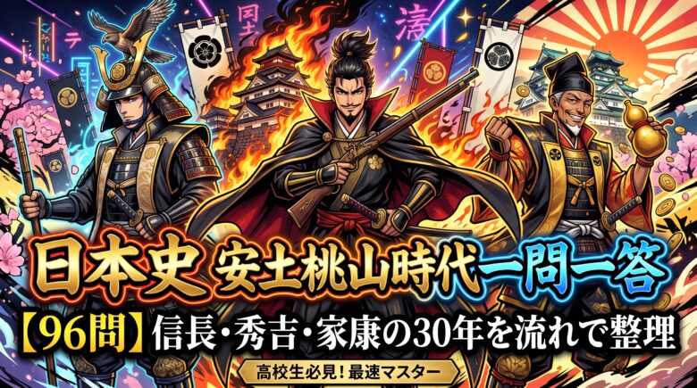 以下のタイトルについてブログ用のサムネイルを作成して。デザインは高校生がクリックしたくなるようなおしゃれで最高峰のものにして 日本史 安土桃山時代の一問一答【96問】信長・秀吉・家康の30年を流れで整理