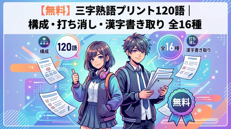 【無料】三字熟語プリント120語｜構成・打ち消し・漢字書き取り 全16種