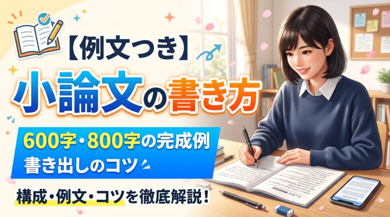 以下のタイトルのブログのサムネイルを作成して。多くの人がクリックして興味を示す最高峰のデザインにして 【例文つき】小論文の書き方 600字・800字の完成例と書き出しのコツ