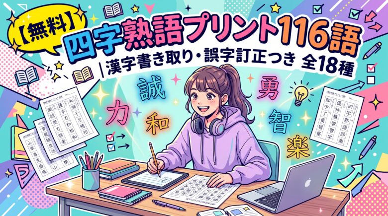 【無料】四字熟語プリント116語｜漢字書き取り・誤字訂正つき 全18種