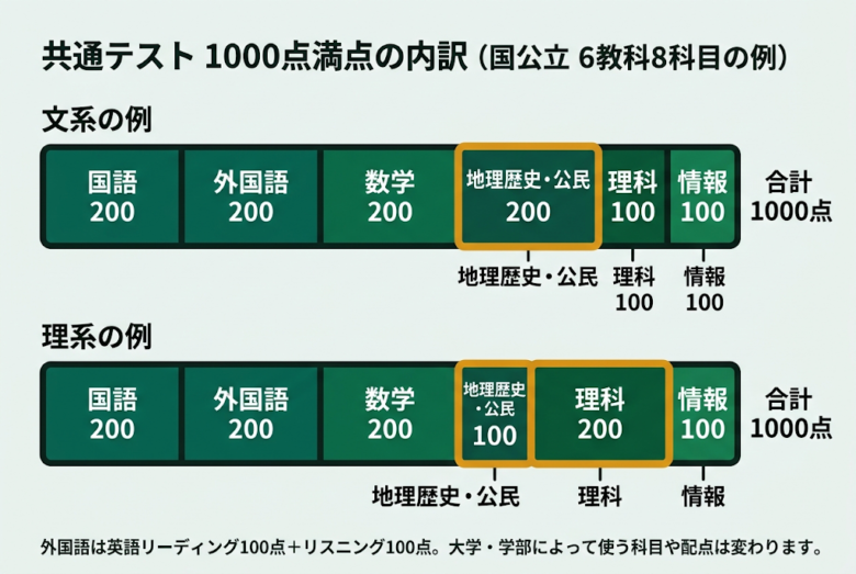 共通テスト 1000点満点の内訳（国公立6教科8科目の場合）