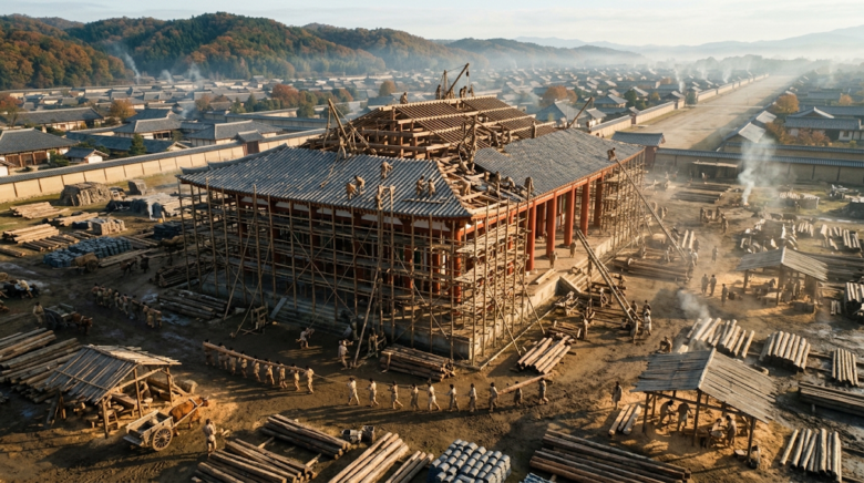 足場を組み、巨大な柱を立てていく。天平の寺院は、国家の力を集めた大工事で建てられました