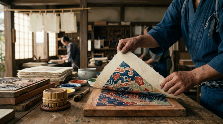 色ごとに版木を替えて、何度も重ねて摺る。錦絵の鮮やかな色は、職人の手仕事から生まれました