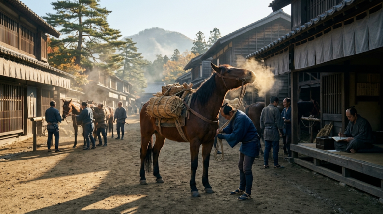 問屋場で荷物を次の馬に積みかえ、次の宿駅へ送り出す。足りない人馬は助郷の村々が補いました
