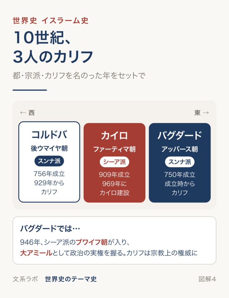 コルドバの後ウマイヤ朝、カイロのファーティマ朝、バグダードのアッバース朝の3人のカリフと、ブワイフ朝の大アミールを示す図