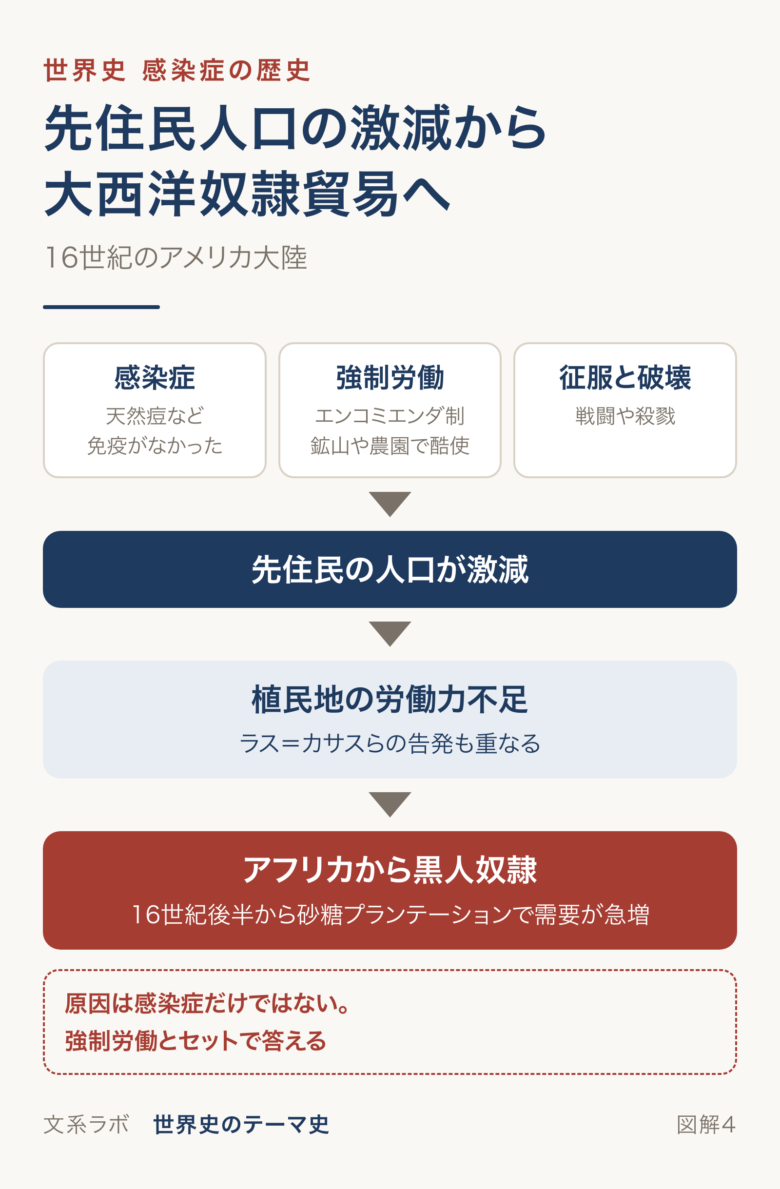 感染症・強制労働・征服による先住民人口の激減が、労働力不足をへてアフリカからの黒人奴隷の導入につながったことを示す図